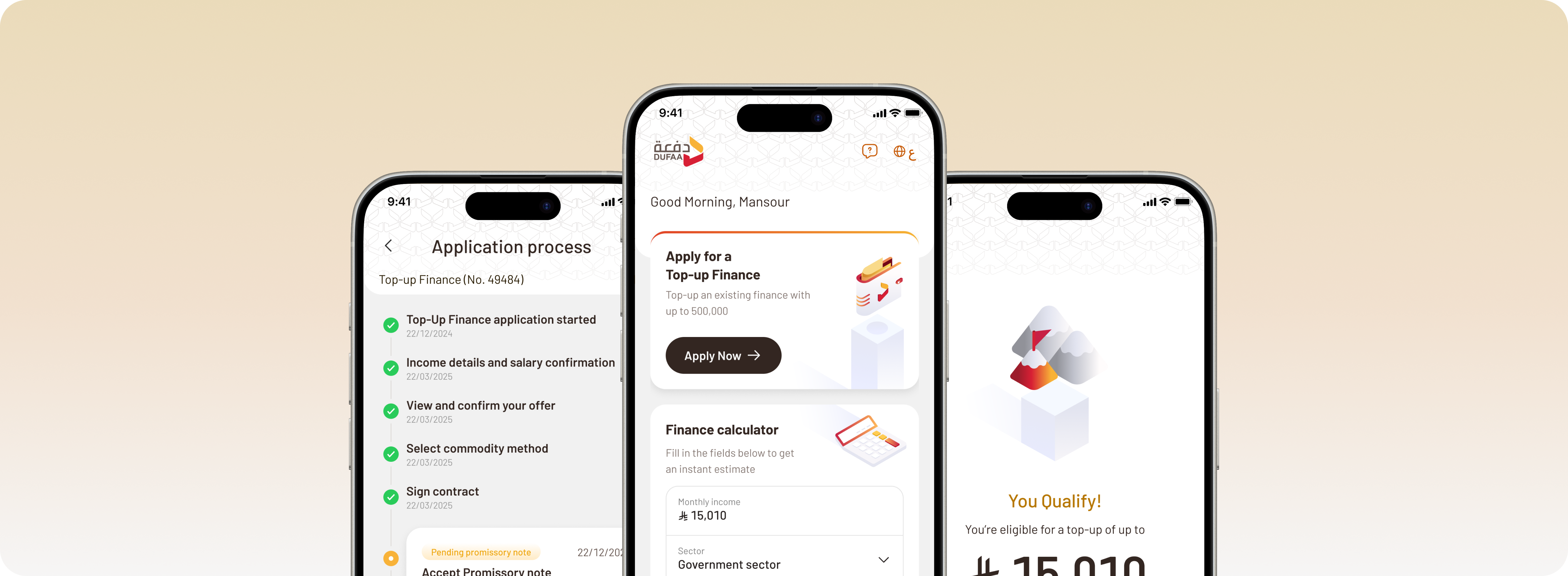 Three phone screens from the Dufaa app: application process tracker, home screen with a finance calculator, and a You Qualify eligibility result.