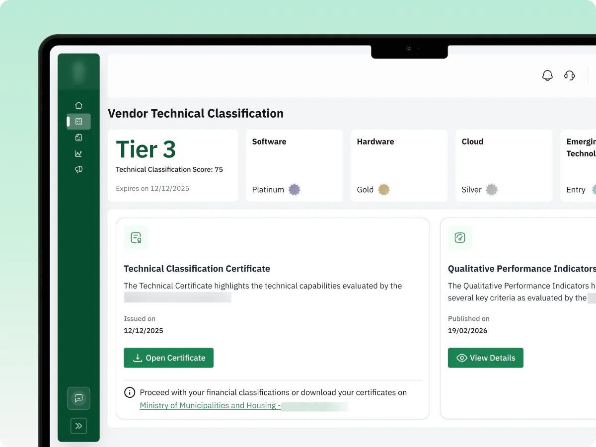 Desktop screen of a vendor's technical classification result: Tier 3 with a score of 75, and a grade for each technology category, from Platinum to Entry.
