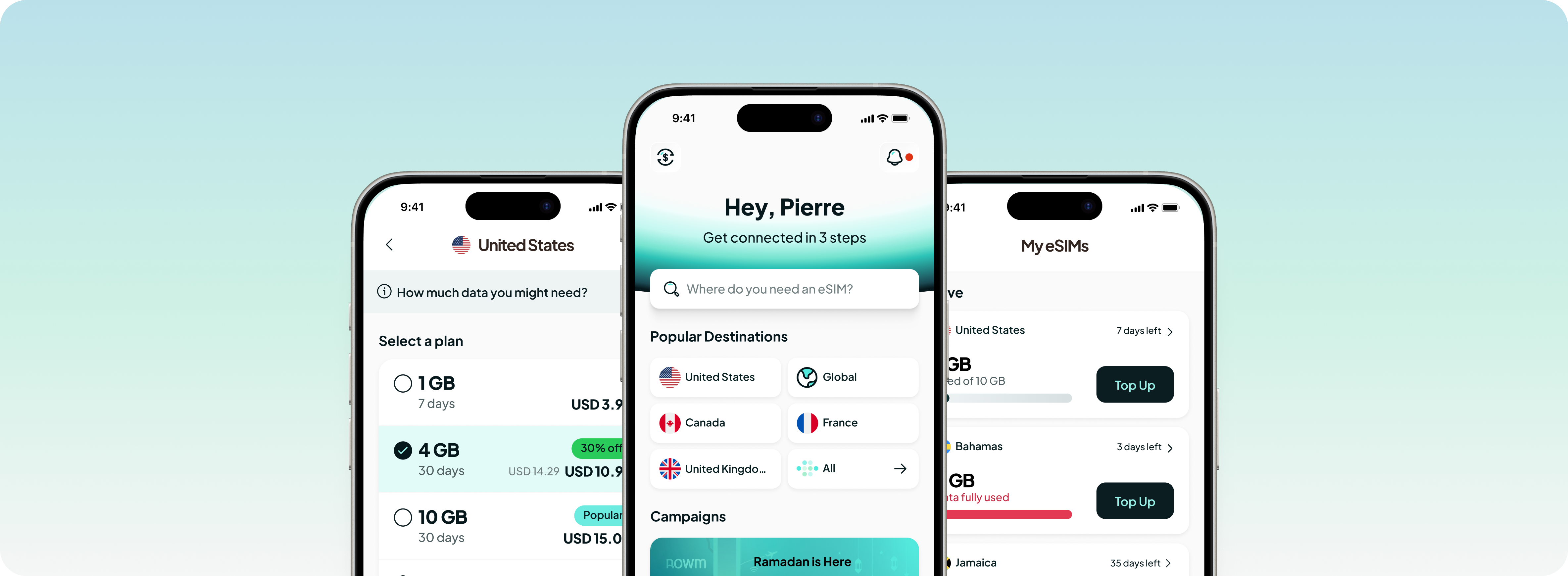 Three phone screens from the Rowm eSIM app: plan selection, home screen with popular destinations, and the My eSIMs list.