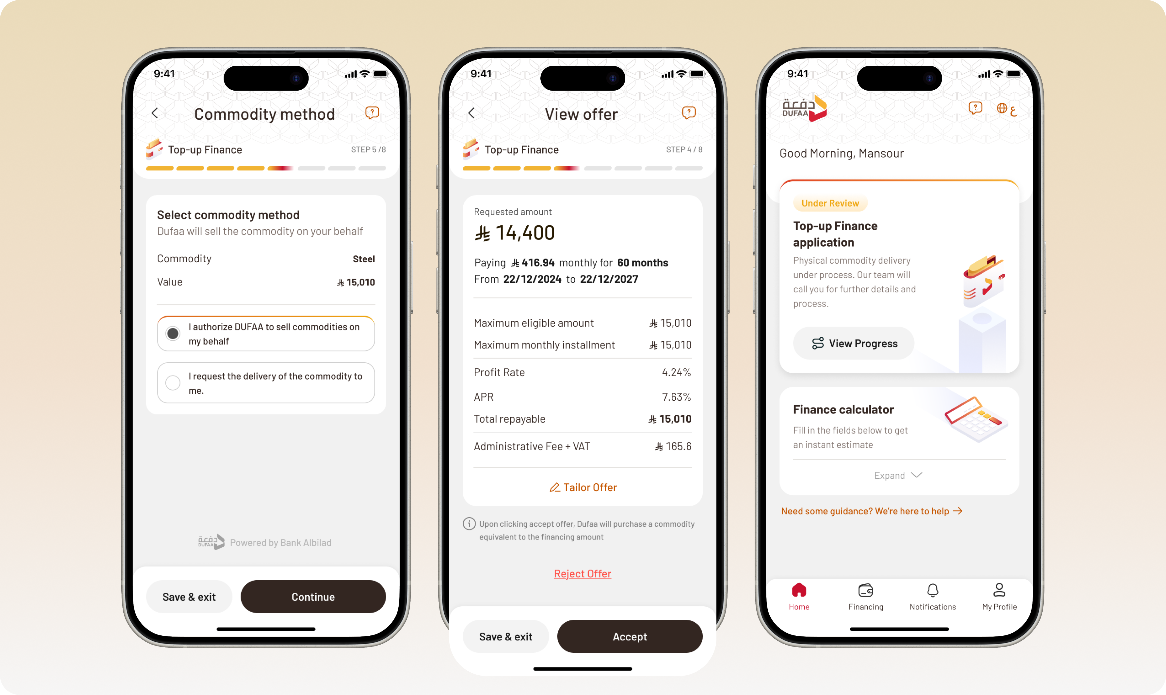 Three Dufaa screens: the finance offer view, the commodity method step, and the home screen showing an application under review