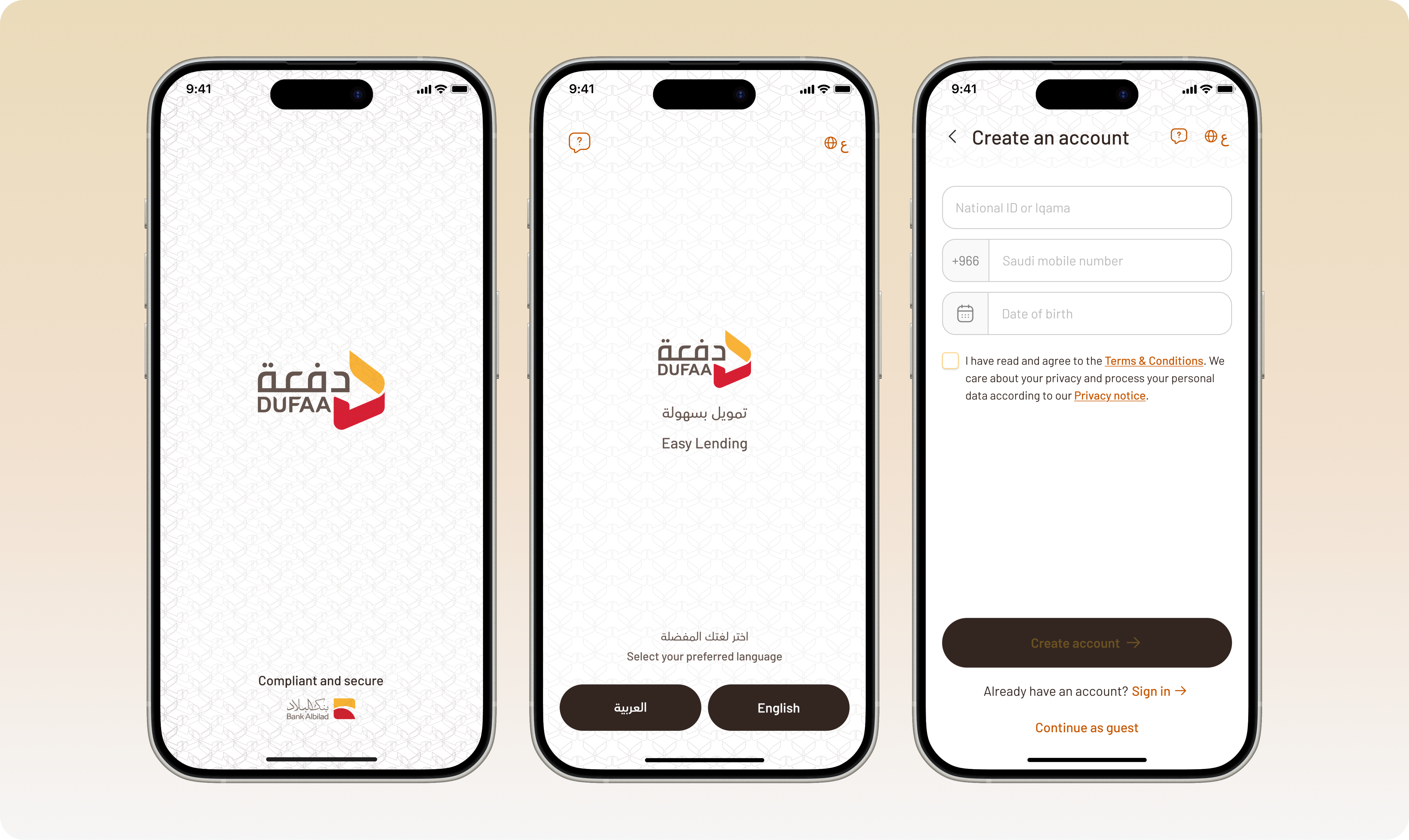 Three Dufaa onboarding screens: the splash screen, language selection, and the create account screen