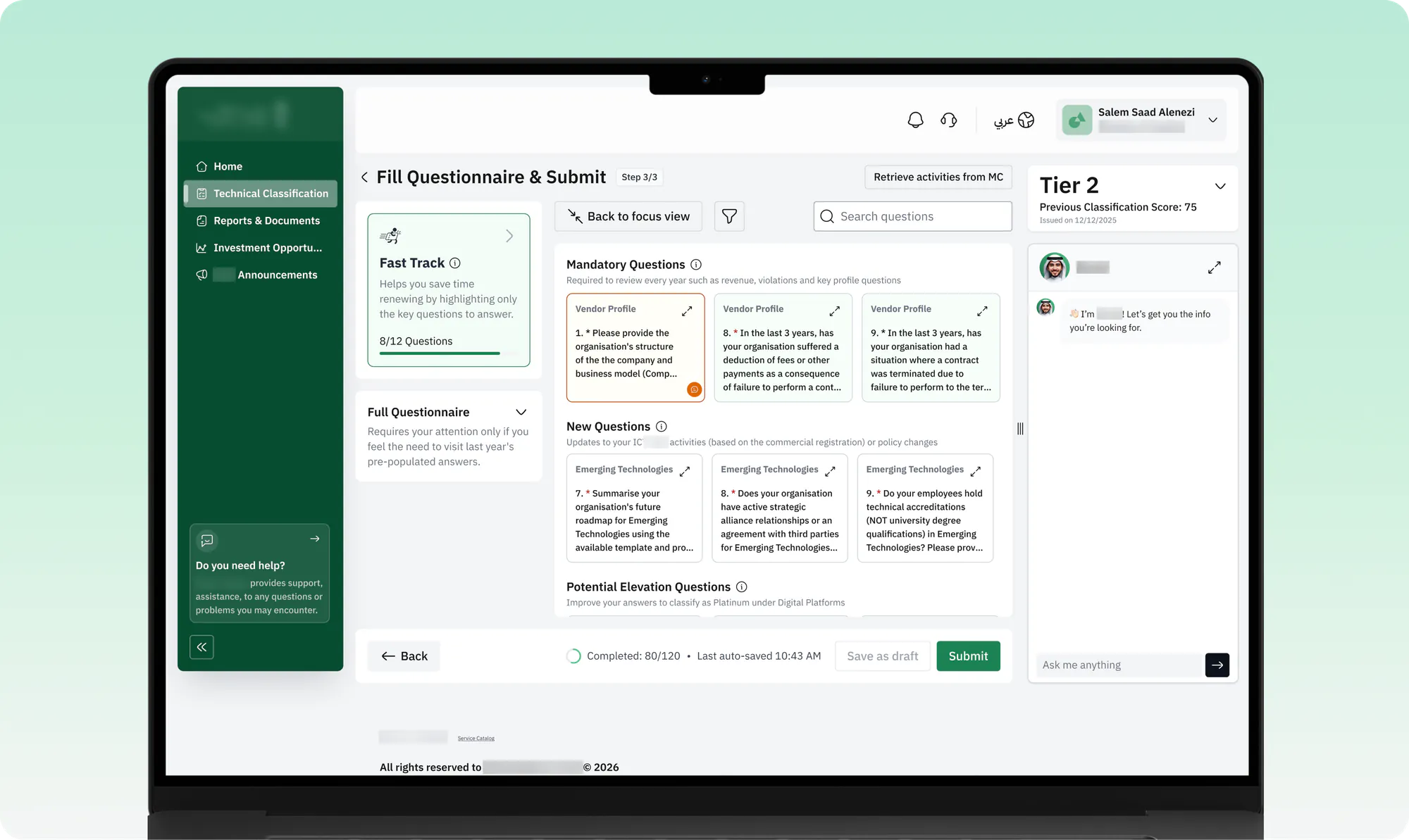 Fast Track splits questions into what a returning vendor must answer, what is new since last year, and what could raise their score.