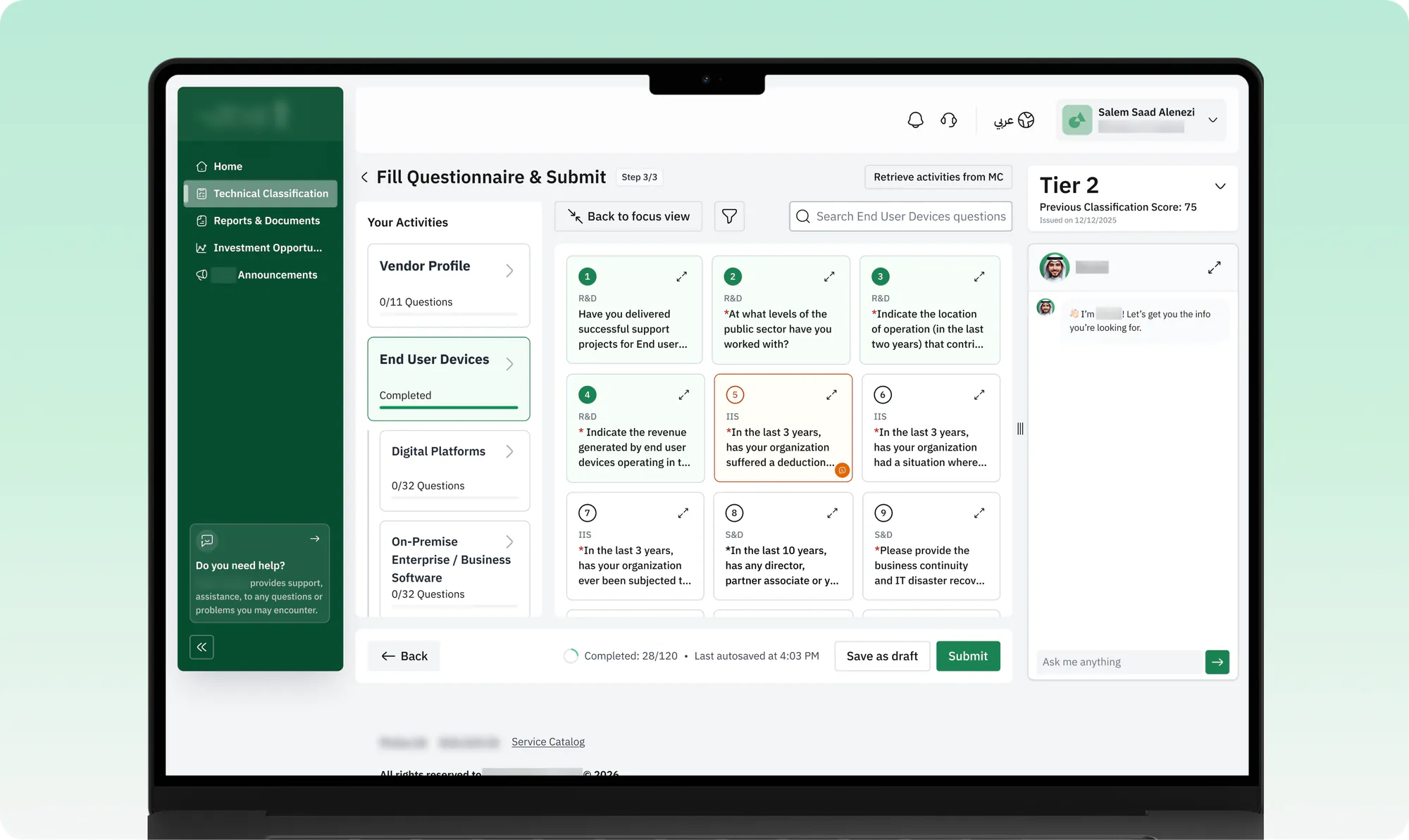 Grid view. Every question as a card, grouped by level, with answered questions in green.