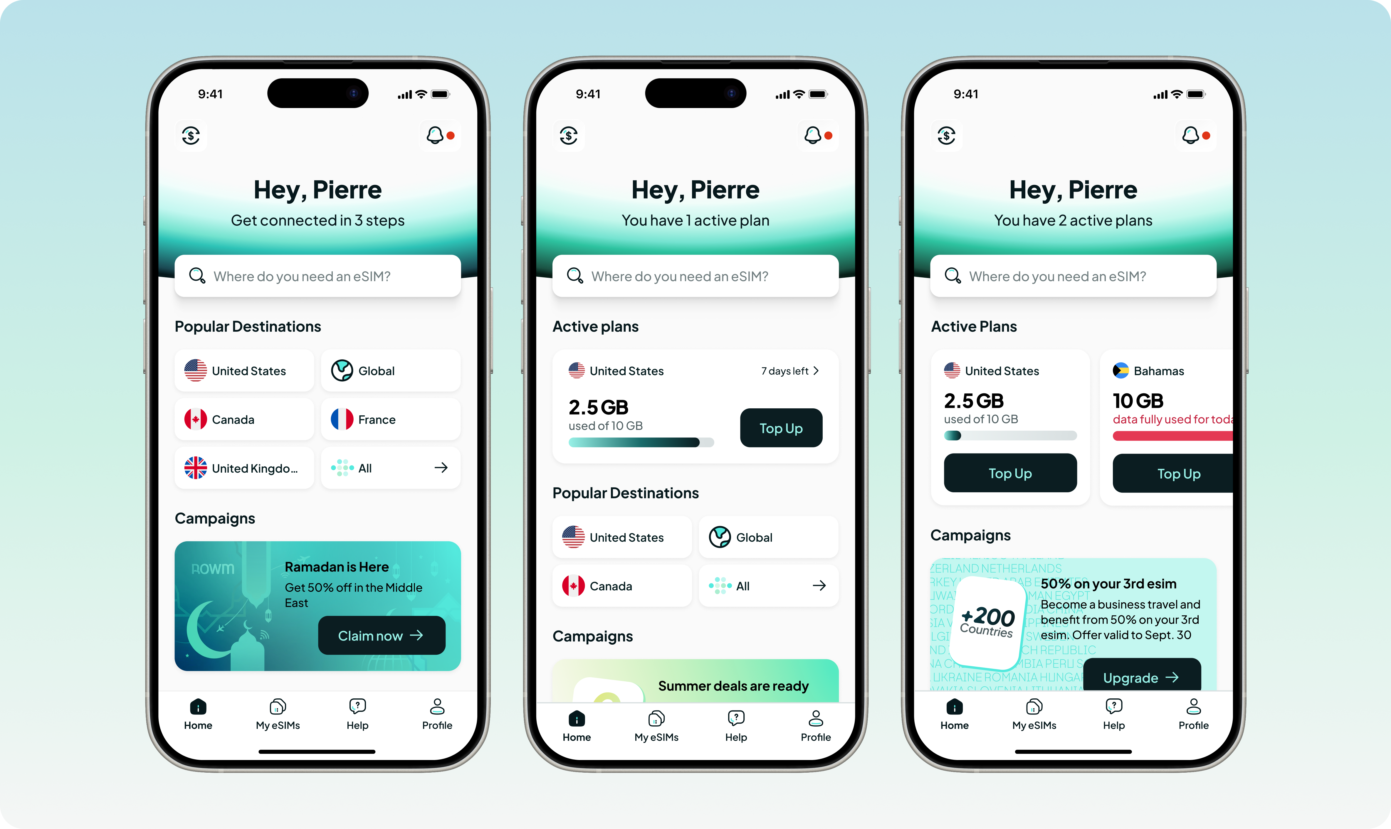 The header and the cards change with the person's state: nothing yet, one plan running, two plans with data left and data spent. Campaigns stay visible without pushing the traveller's own plans below the fold.