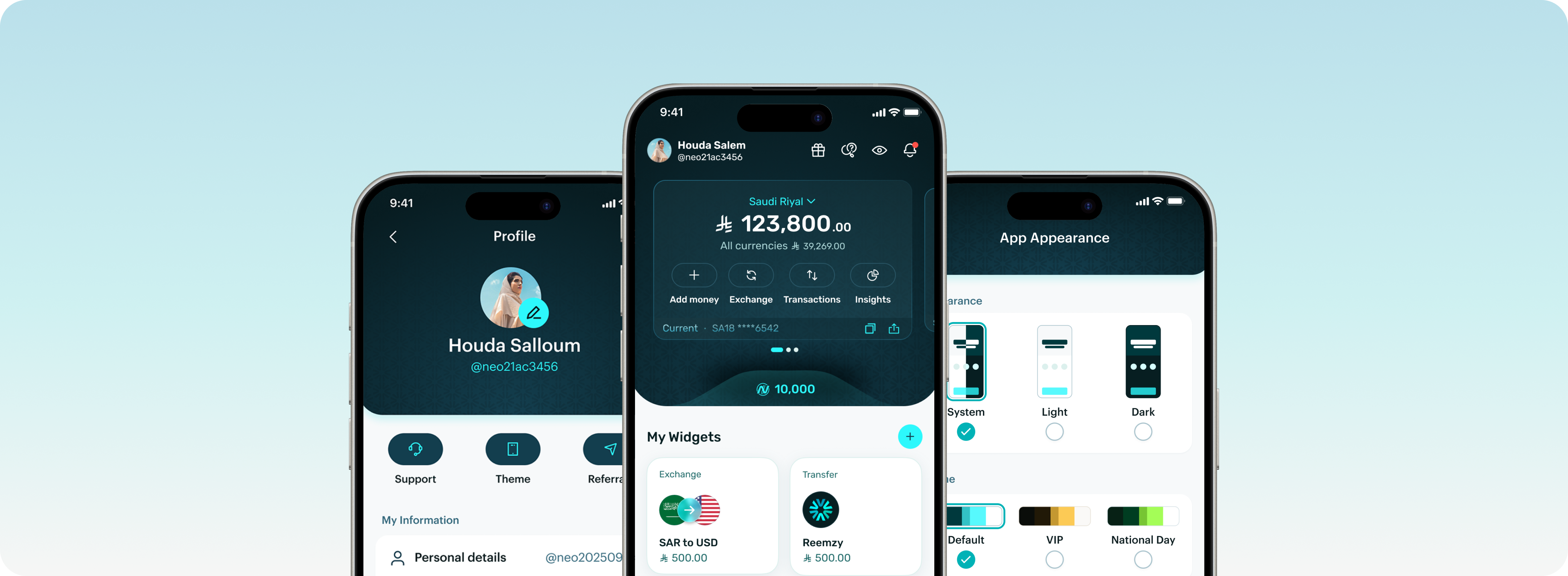 Three phone screens from the SNB Neo wallet app: profile, home balance, and appearance settings.